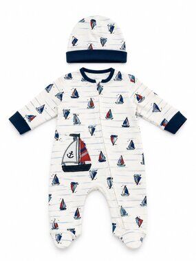 NWT Baby Essentials Baby Boy 2 Piece Sleeper Set Nautical Sailboat Applique Size